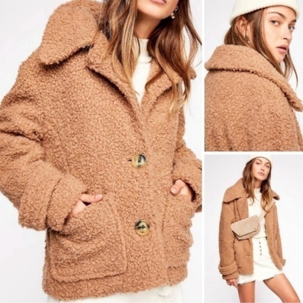 Free people so soft cozy peacoat teddy Sherpa coat in camel light brown button